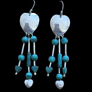 🆕💕 Vintage Sterling Silver Heart & Genuine Malachite Dangle Earrings | 3” Long